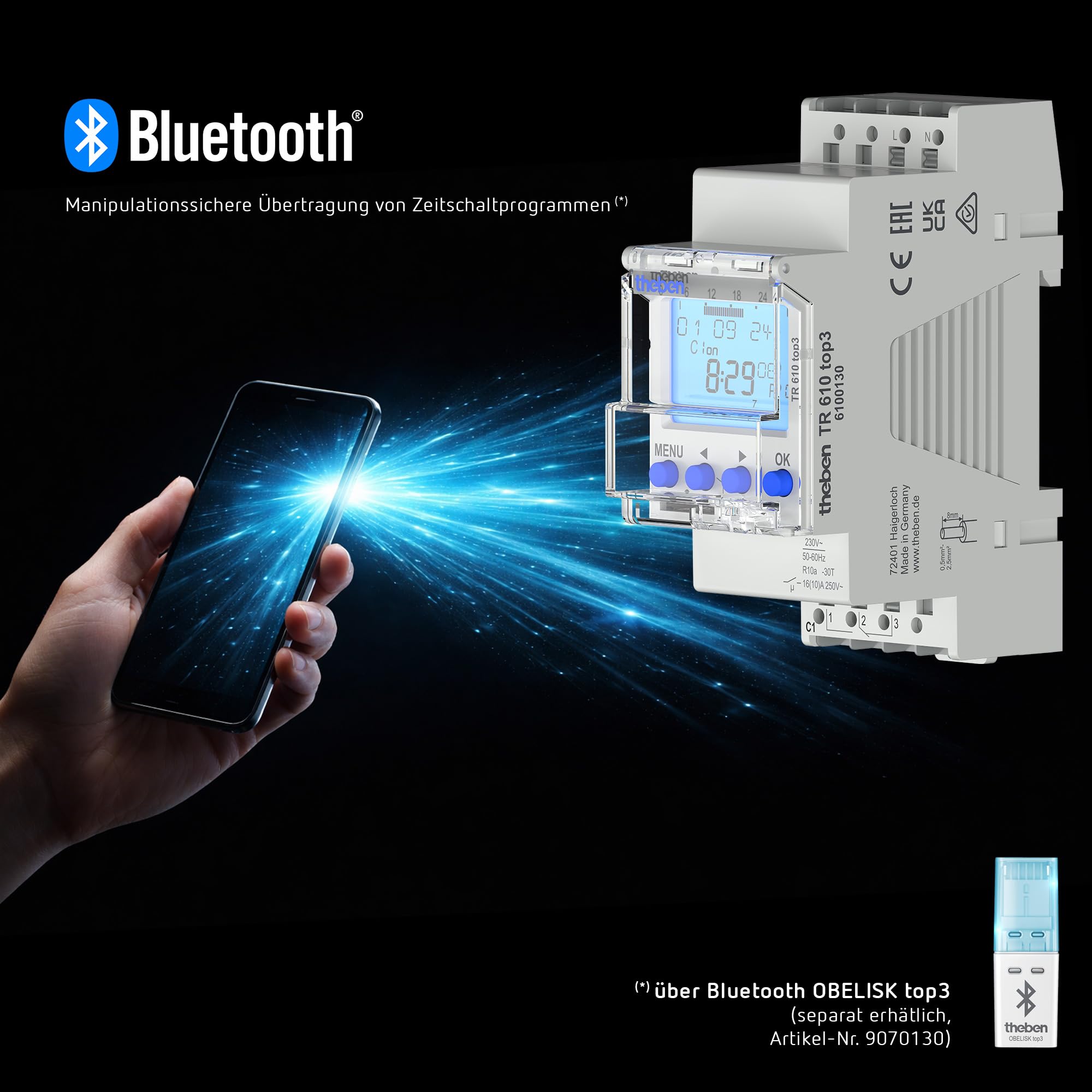 Theben 6100130 TR610 top3 cyfrowy 1-kanałowy zegar sterujący z programowaniem aplikacji, idealny do diod LED, wyłączników czasowych