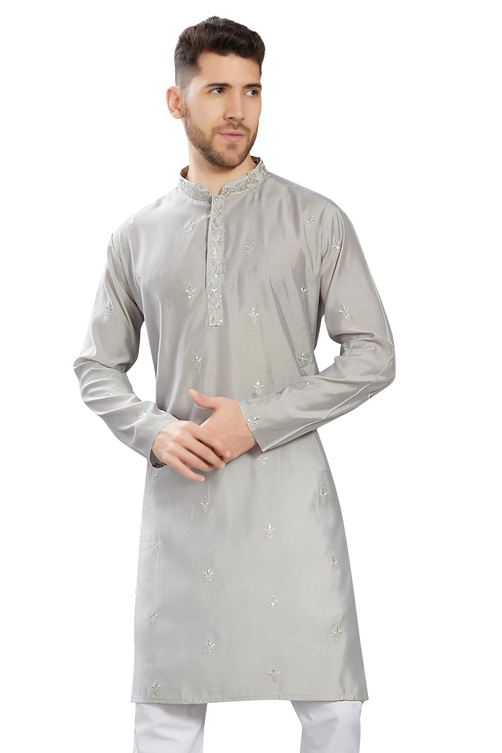 Divisive Men's Embroidered Silk Blend Only Slim Fit Kurta (Dkrt825_S_Grey)