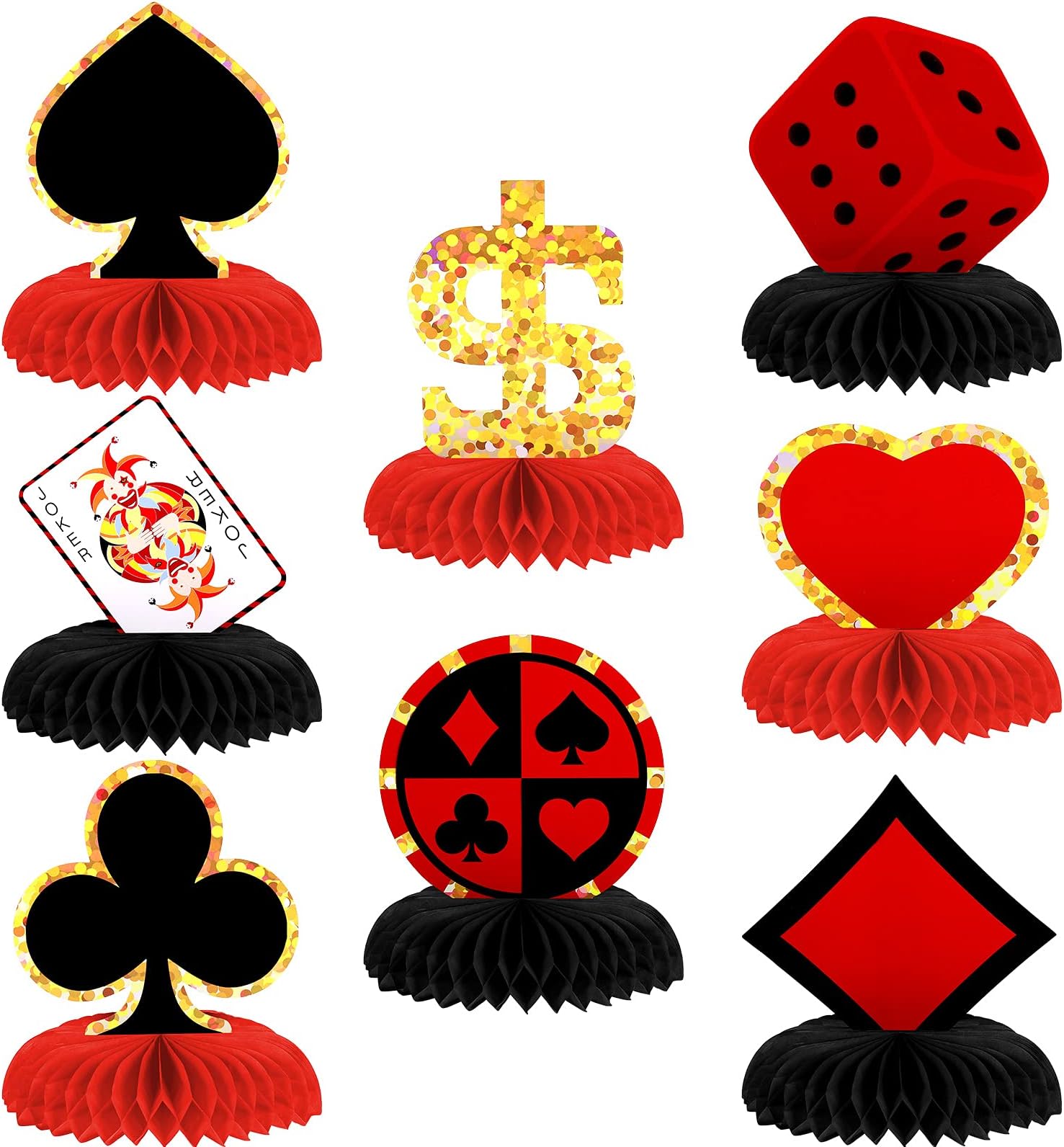 8 Pieces Casino Birthday Party Decorations Set, Poker Honeycomb Centerpieces Honeycomb Table Centerpieces Playing Card Themed Sign Decoration for Casino Poker Theme Birthday Party Supplies, 8 Designs