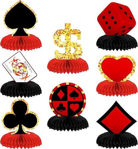 Juego de 8 piezas de decoración de fiesta temática de cumpleaños de casino, centros de mesa de nido de abeja de póquer, centros de mesa de nido de