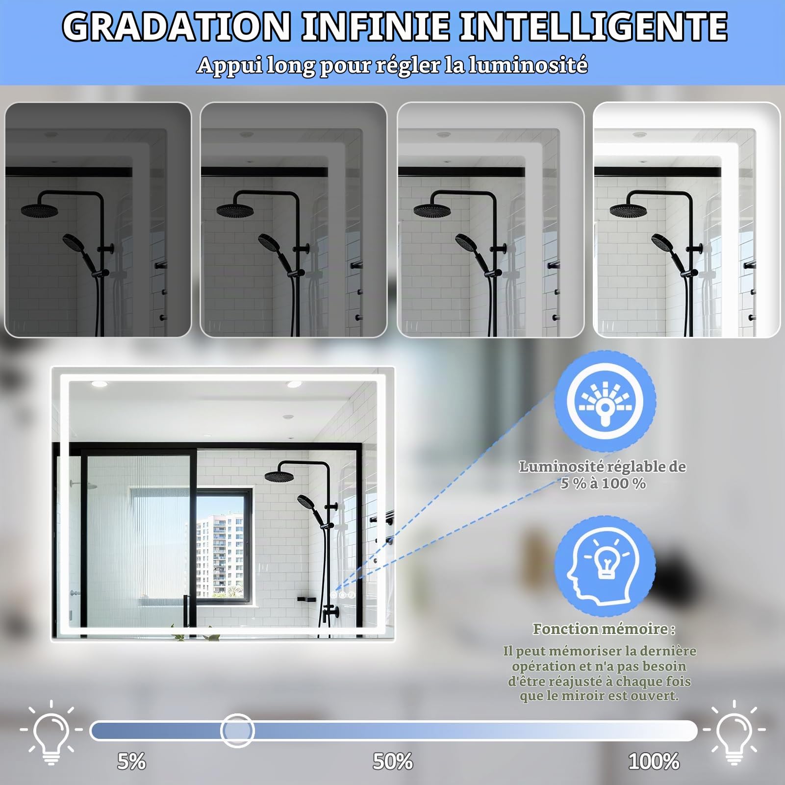 Miroir LED Salle de Bain 100x80 cm, Antibué, Haut-Parleurs Intégrés, Éclairage 3 Températures avec Toucher Sensible, Mémoire d’Éclairage – Mural pour Toilette B