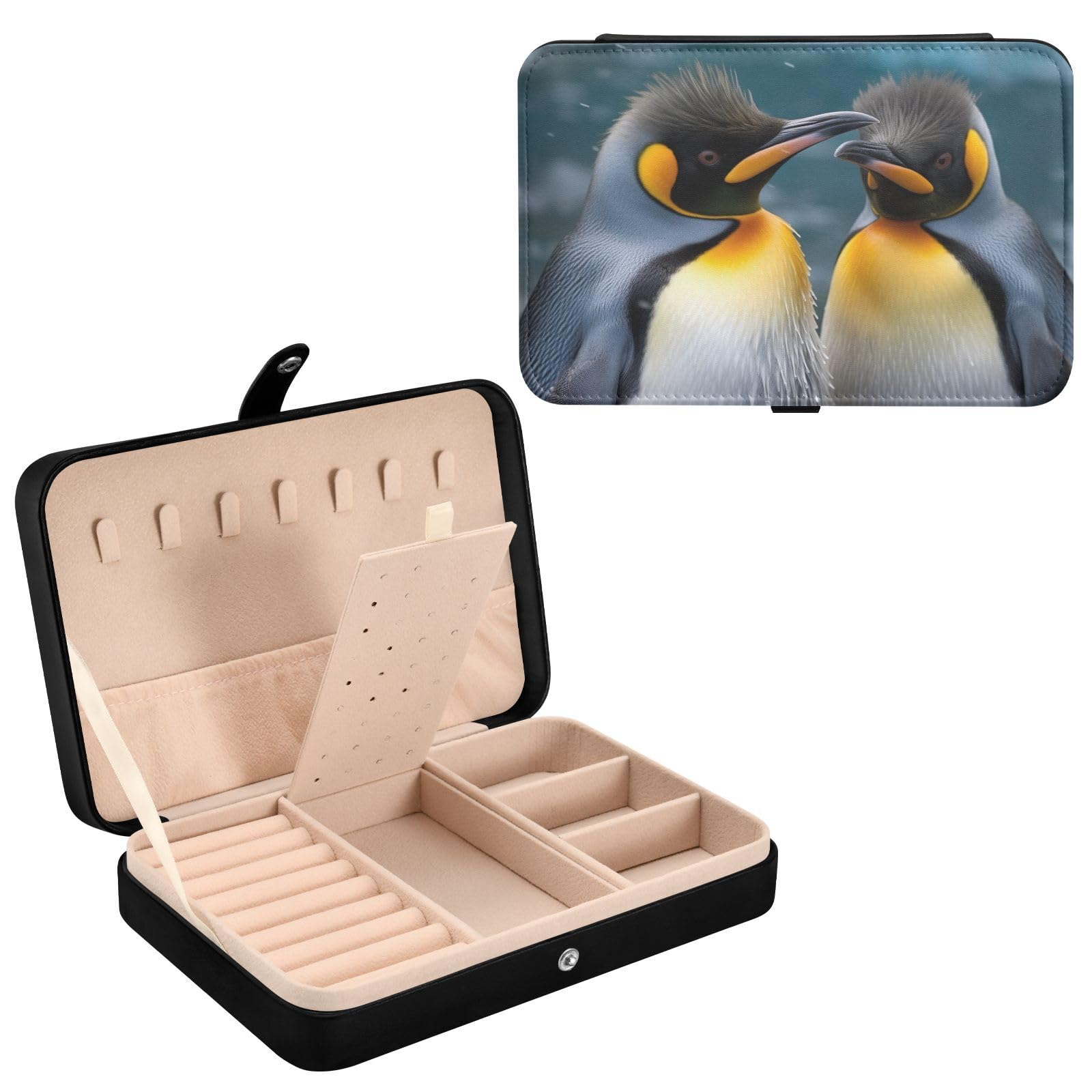 Haskirky King Penguins Jewelry Box Portable PU Leather Travel Jewelry Organize for Women Jewelry Storage Display Holder for Ring, Necklace, Earring