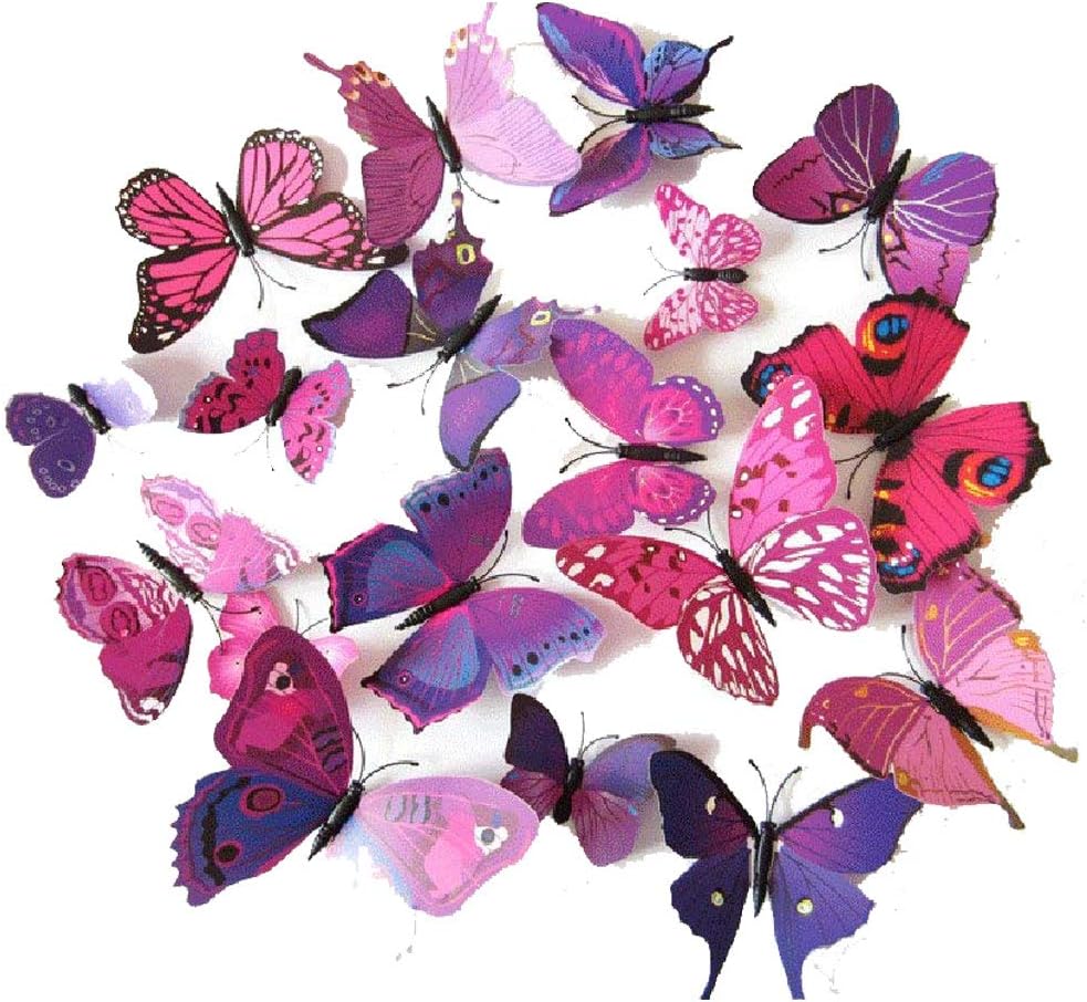Cestlafit 3D Fashion Butterfly Wall Sticker, PVC Simulation Butterfly for Home Decor, Wall Decoration, 24 Pack, Purple