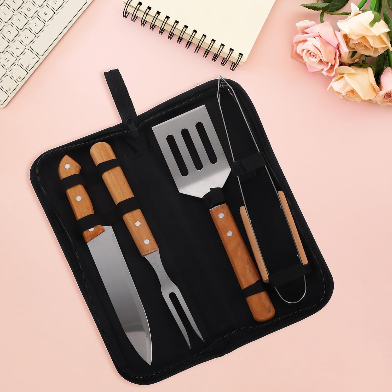 Stainless Steel Barbecue Utensils Set with Wood Handles, 4pcs Outdoor BBQ Grill Tools Kit in Portable Carrying Bag for Picnics Beach Parties