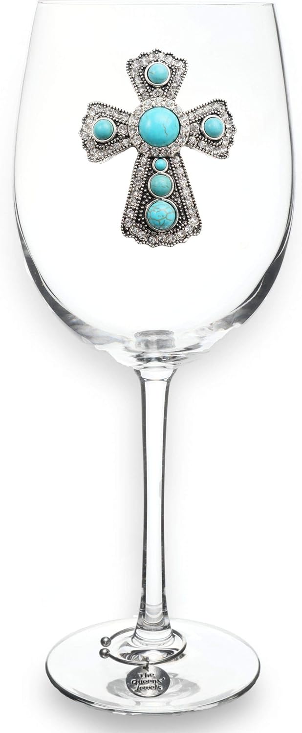 THE QUEENS' JEWELS Turquoise Cross Jeweled Stemmed Wine Glass, 21 oz. - Unique Gift for Women, Birthday, Cute, Fun, Not Painted, Decorated, Bling, Bedazzled, Rhinestone