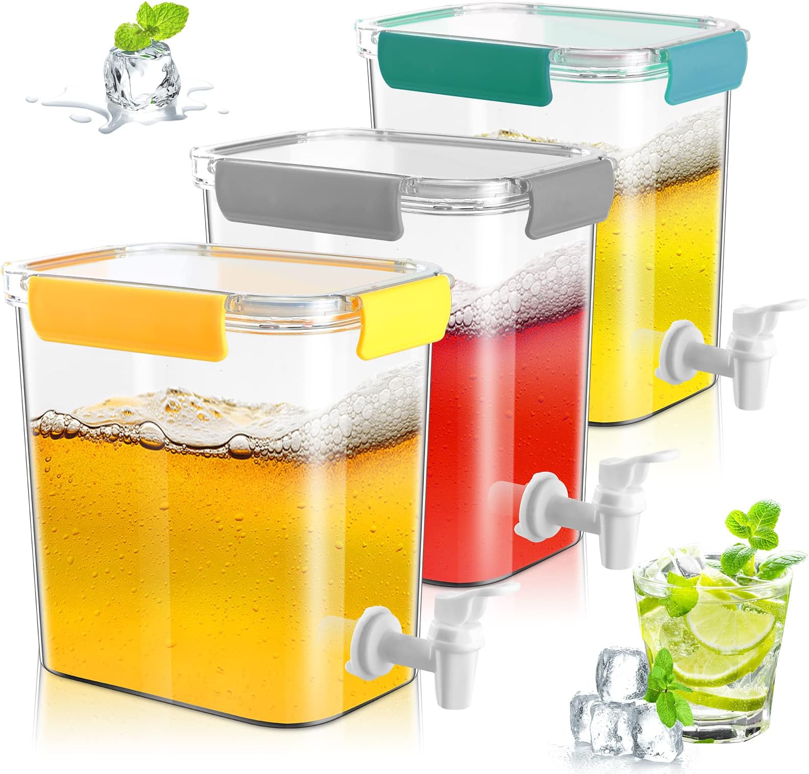 Rtteri 3 Pack Plastic Drink Dispenser for Fridge Beverage Dispenser with Spigot 1 Gallon (3.5 L) Iced Beverage Dispenser Container with Lids for Cold Drink Party Bar Daily Use Milk Juice Lemonade