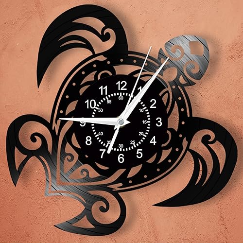 Miniatura 6 de Reloj de pared de tortuga marina, 12 pulgadas, funciona con pilas, reloj de pared analógico de disco de vinilo negro, cuarzo silencioso sin tictac,
