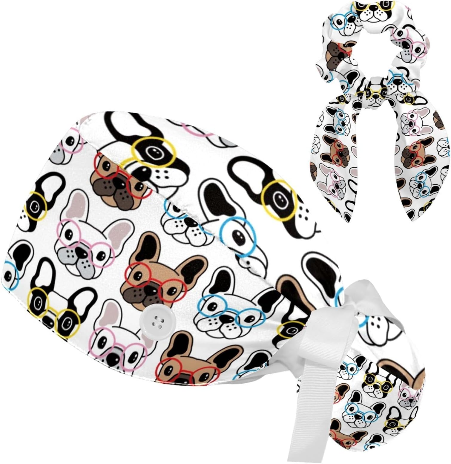 Colorful Animals Dog Working Cap with Button & Sweatband Adjustable Unisex Tie Back Hat Nurse Surgical Cap