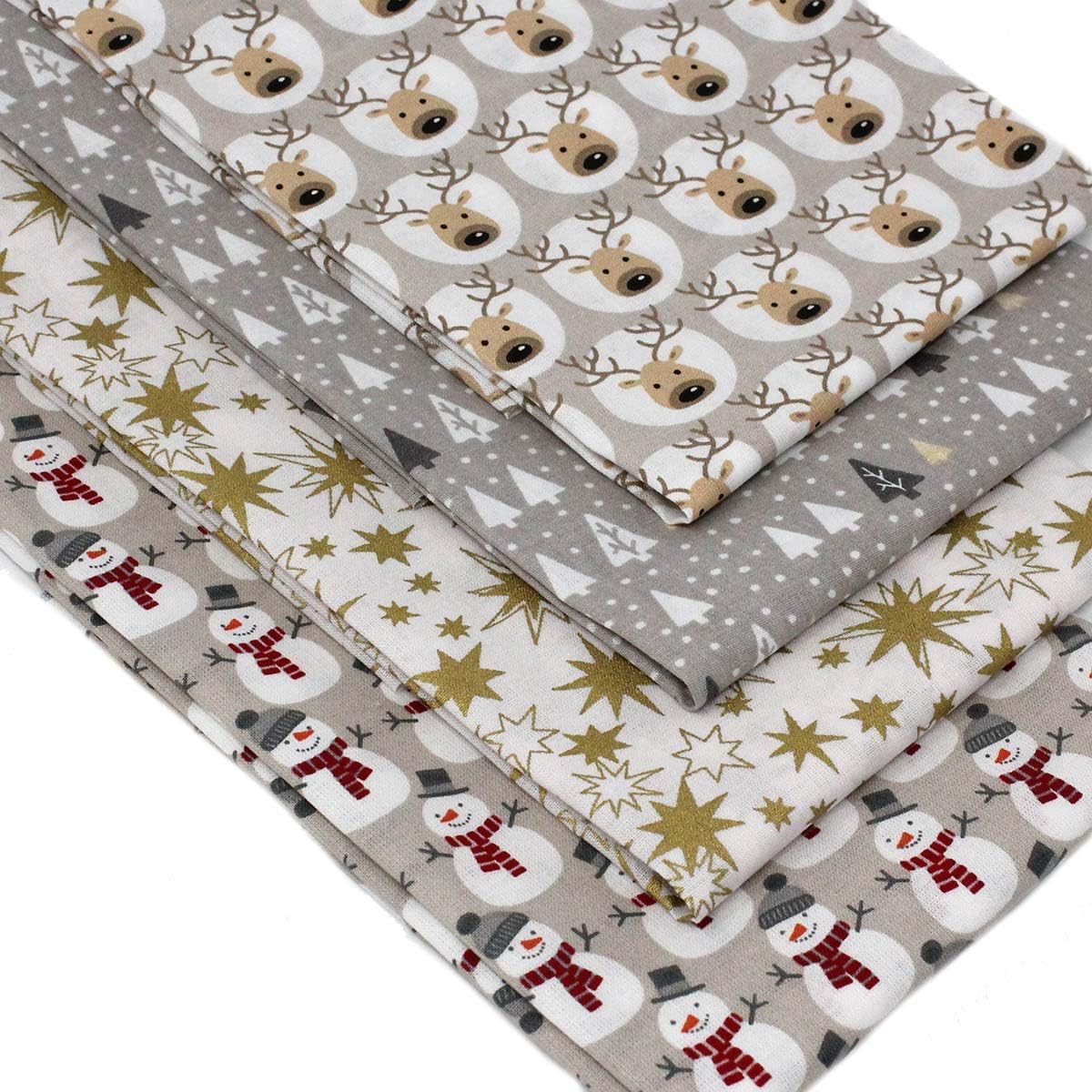 4 Fat Quarters Bundle - "Frosty Christmas" Stunning Collection of Festive Fabrics with Snowmen, Reindeer, Stars & Snowflakes. 100% Cotton Beige, Gold & Red (Free Quilting Pattern by Overdale Fabrics)