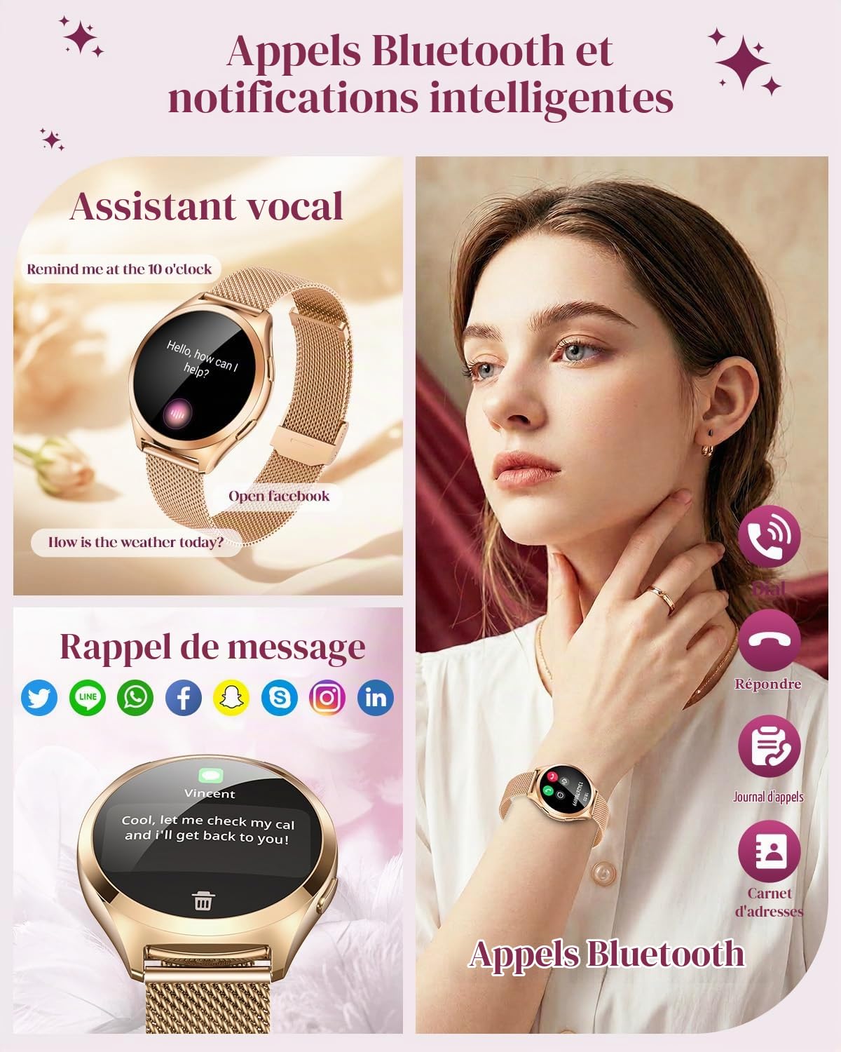 Montre Connectée Femme Smartwatch Sport: 1.27''avec Appel Bluetooth Fonction Féminine Fréquence Cardiaque SpO2 Moniteur de Sommeil 110+ Mode Multisports IP68 Podomètre Fitness Tracker pour Android iOS