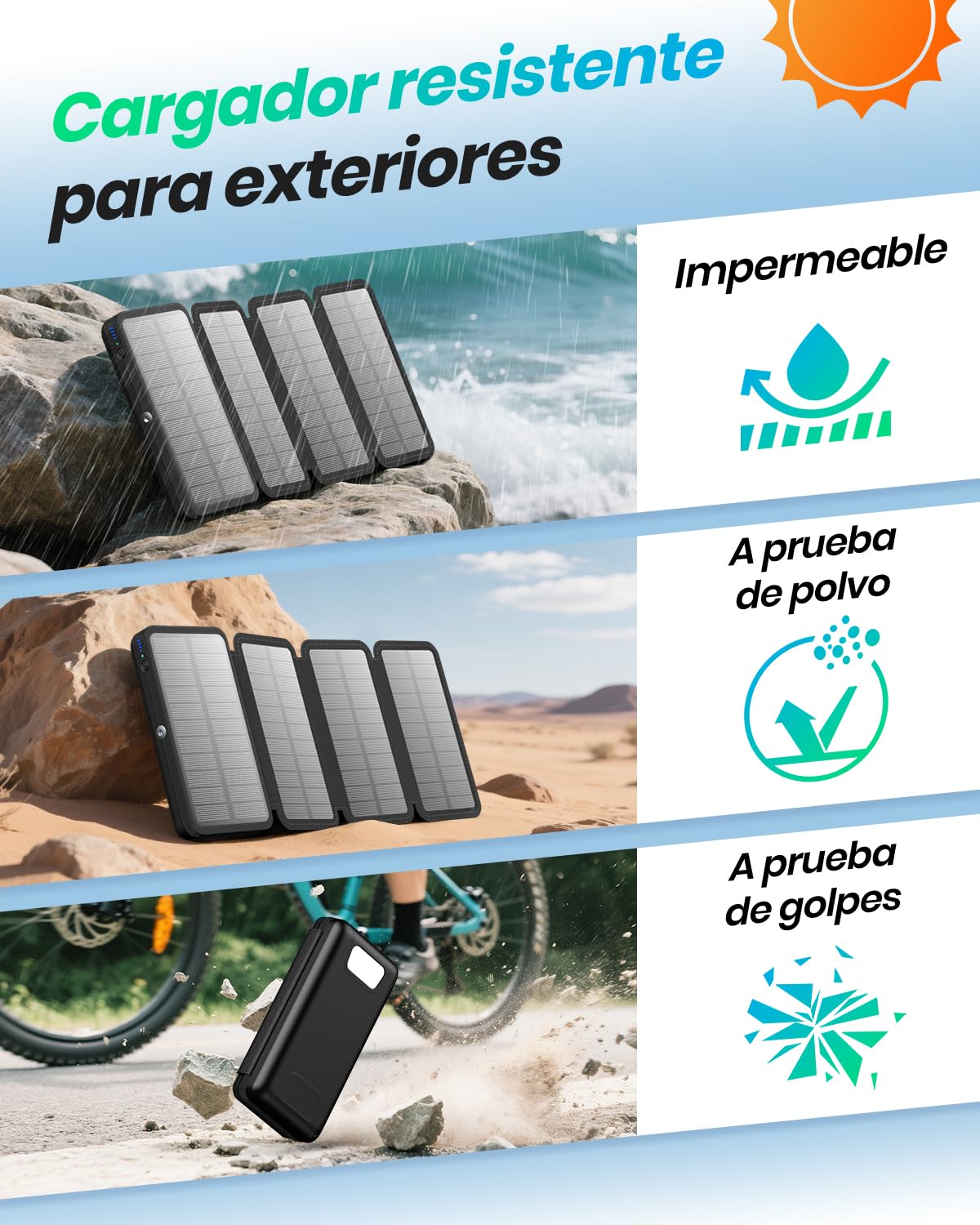 Cargador Solar 20000 mAh - A ADDTOP Batería Externa Solar Carga rápida 3 Salidas con 4 Paneles solares Plegables Cargador portátil para teléfonos móviles, iPhone 17 16 15 14 13 12 11 tabletas Negro