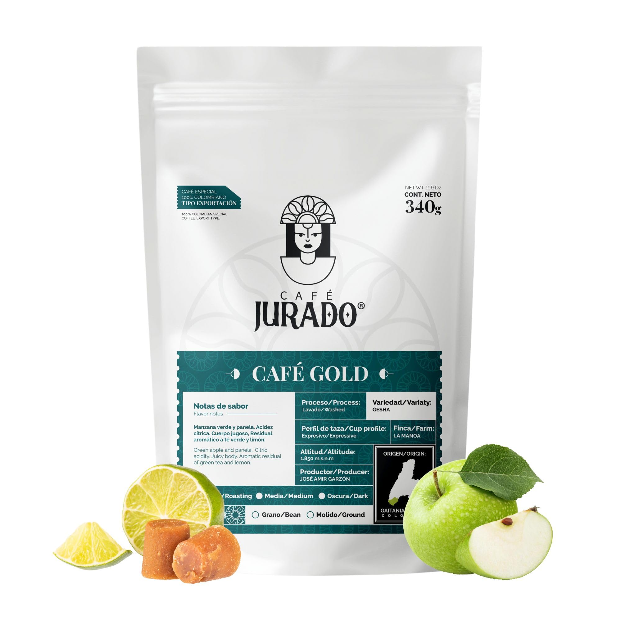 Café Jurado, Colombian GESHA Gold Edition, Whole Bean, Specialty Colombian Coffee, Citrus Notes, Medium Roast Coffee - 11.9 Ounces