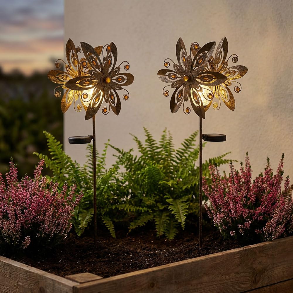 Solarleuchte Windrad Solarlampe Erdspieß Gartendeko Solar Gartenstecker rost, Metall, LED warmweiß, LxBxH 32x17,5x124 cm, 2er Set