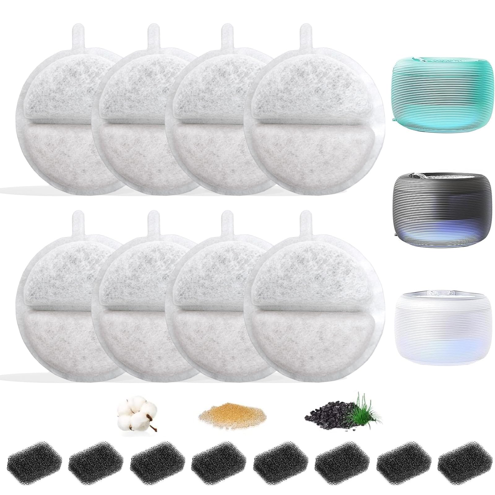 Hantoc 16 Set Cat Water Fountain Filters, Replacement Pet Water Fountain Filters 8pcs Activated Carbon Filter & 8pcs Foam Sponge for 2.5L Cat Fountain Apetgo-3 ‎F-016B Cat Fountain with Active Carbon