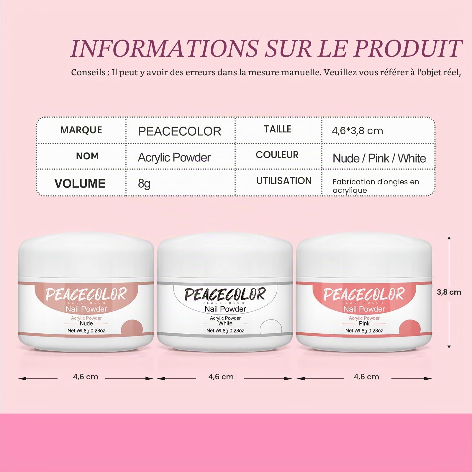 PEACECOLOR Kit de démarrage complet pour ongles en acrylique - Lampe UV/LED - 27 couleurs - Poudre acrylique pour ongles avec liquide monomère de 30 ml - Kit de démarrage à faire soi-même
