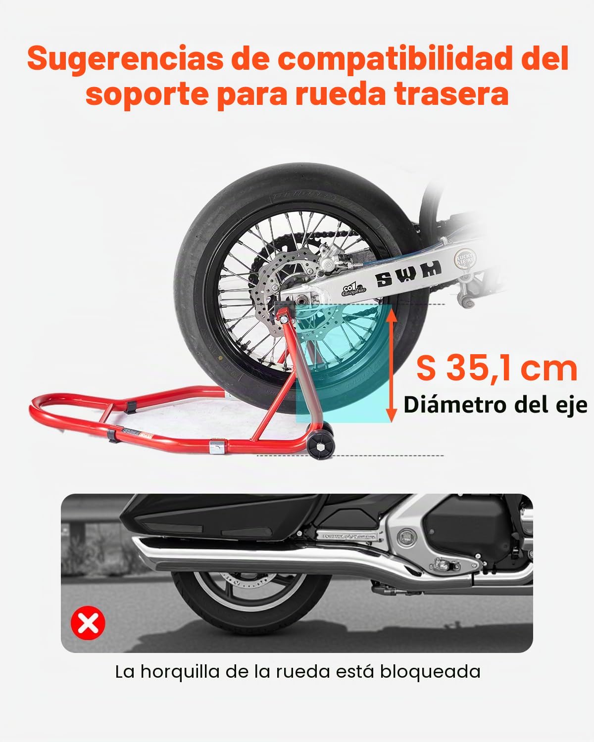 VEVOR Soporte para Rueda Trasera de Motocicleta, Capacidad de 390 kg, Resistente, con Horquilla en U y L, para Motocicleta, para Suzuki, Yamaha, Honda y Kawasaki, Color Rojo, 770 x 540 x 350 mm