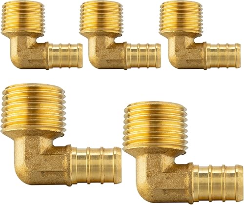 Paquete de 5 accesorios PEX, Pex de 3/4 x 1/2 pulgadas, rosca macho NPT codo de púas de latón, codo macho PEX F1807 de 1/2 pulgada para tuberías Pex