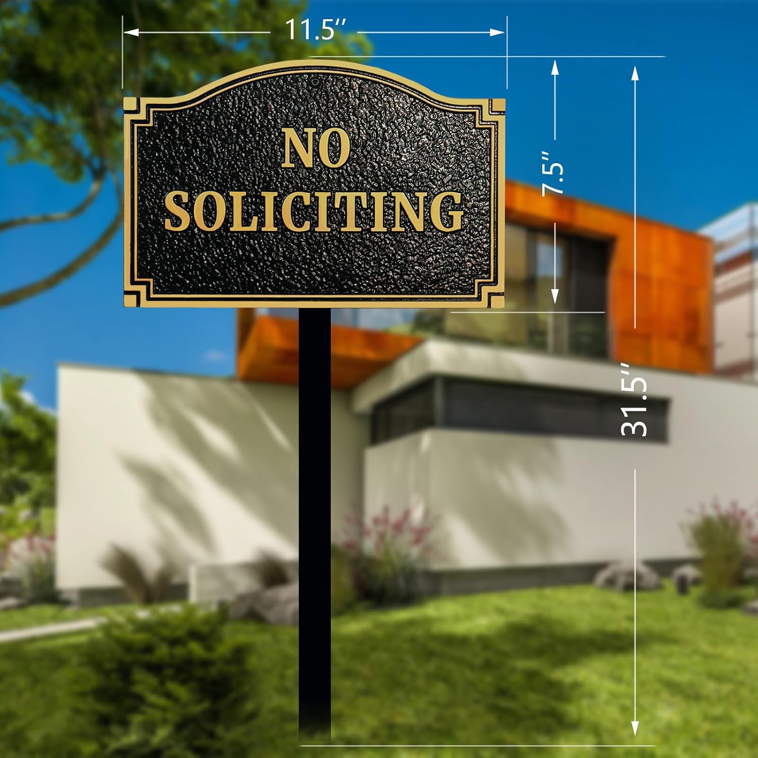 No Soliciting Statement Plaque, Solid Metal Cast Yard Sign, Thick and Sturdy Material, Embossed Letters, 11.5” x 7.5" Heavy Duty Sign with 31.5" Stakes and Upgraded Stainless Screws
