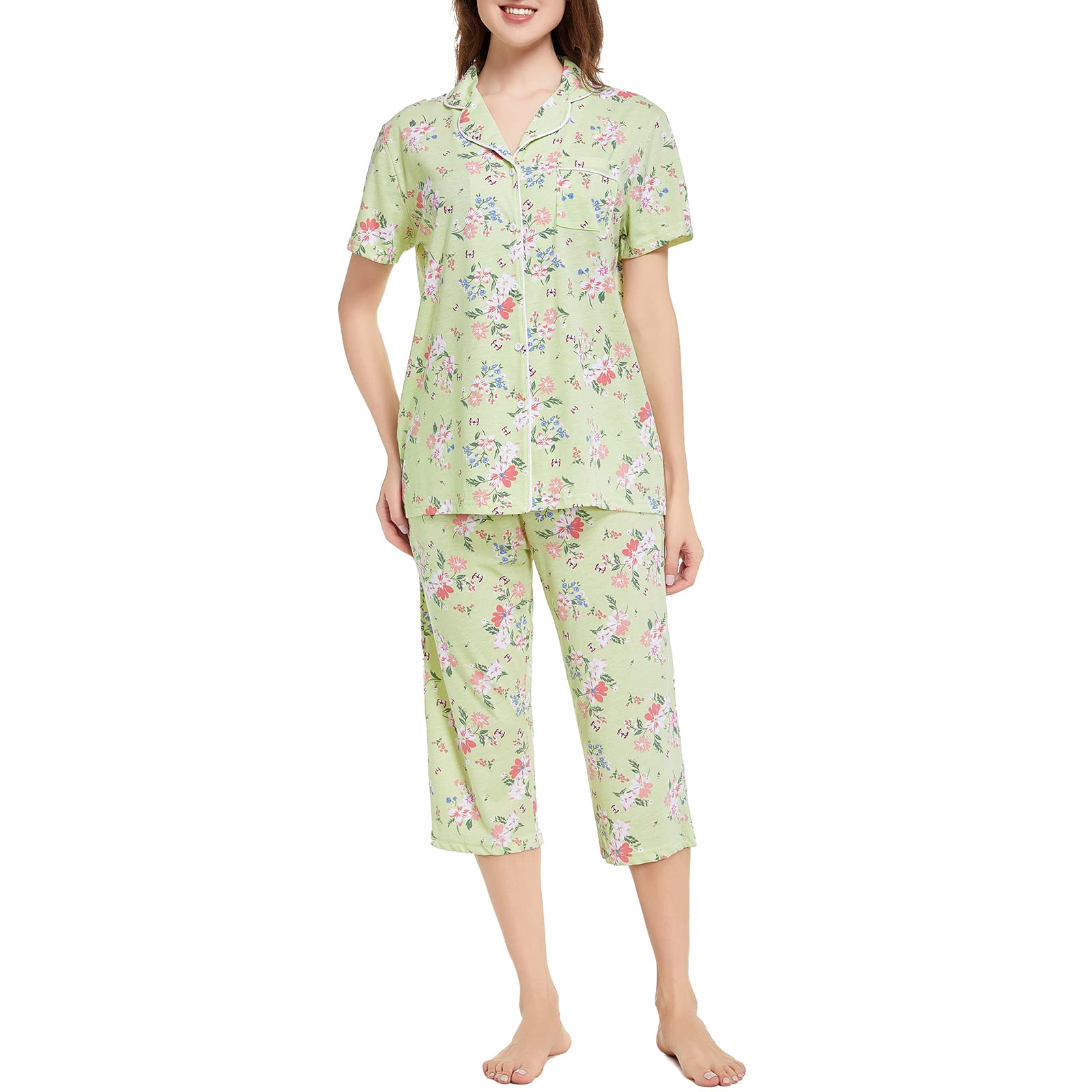 Tugege Capri Pajamas Set Womens Button Down Short Sleeve Lounge Sets Sleepwear Notch Collar Top Capri 2 Piece