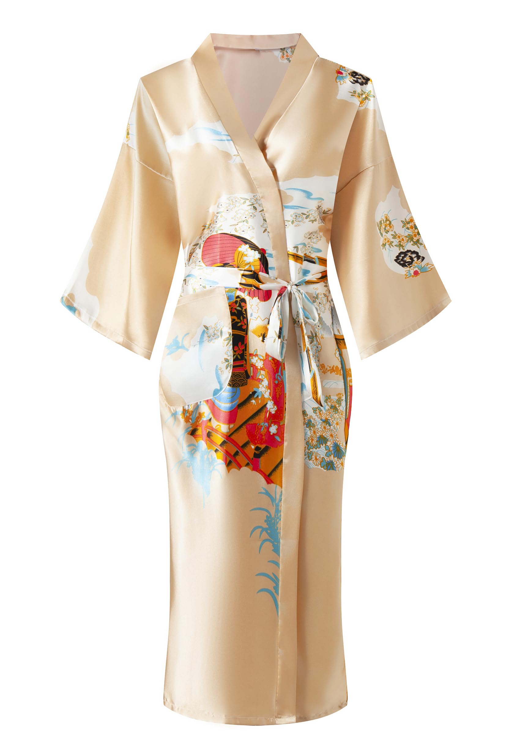 Womens Plus Size Floral Robes Long Satin Kimonos Bathrobes Patterned Long Silky Sleepwear Loungewear