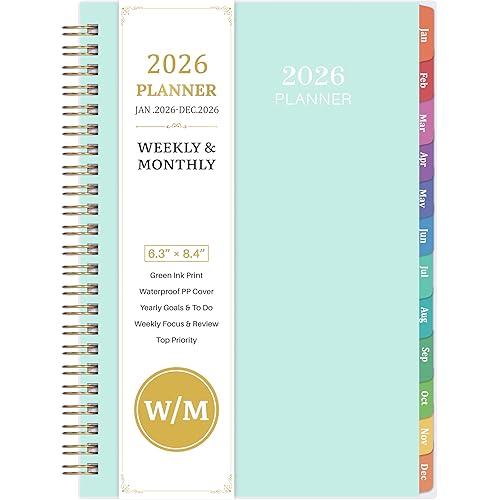 2026 Planner - Planner 2026 Weekly Monthly, Jan 2026 to Dec 2026, 6.4'' x 8.5'', Calendar 2026 with Transparent PP Cover, Green Ink Pages, Colorful Monthly Tabs, Back Pocket