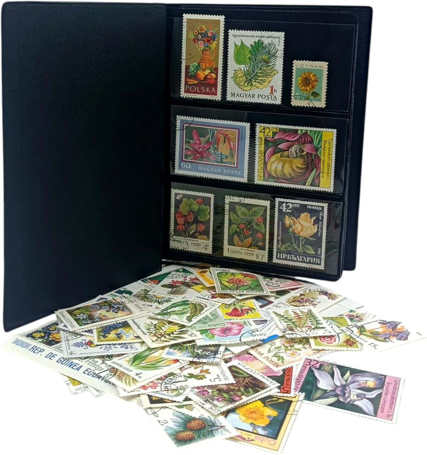 IMPACTO COLECCIONABLES – 100 Flowers & Vegetables-Themed Stamps Collection with Album (5.5 x 7 x 0.4 in) | Enhance your philatelic collection with postmarked stamps in a compact and elegant album