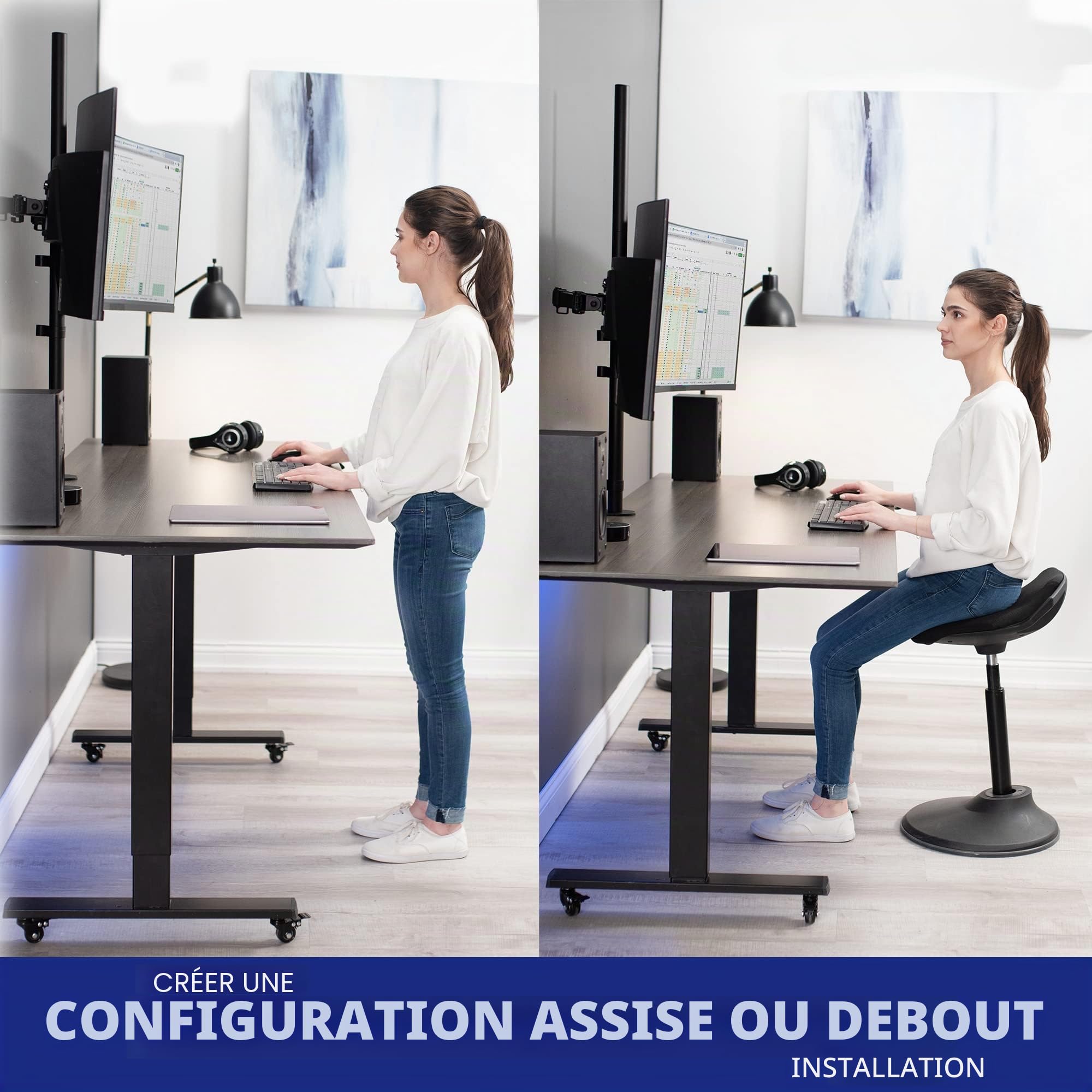 Vivo STAND-V012 Support de Bureau pour Double écran Extra Haut de 99,1 cm, entièrement réglable pour écrans jusqu'à 27", Noir