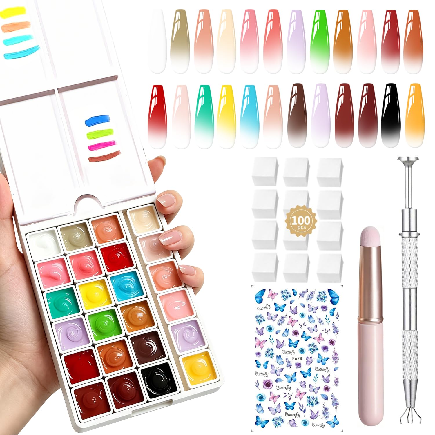 24 Well Mini Ombre Gel Nail Polish Kit - 24 Color Travel Size Soak Off UV LED Gel Polish Set with High Pigment for Gradient & Sponge Effect - Portable DIY Manicure Art Tool