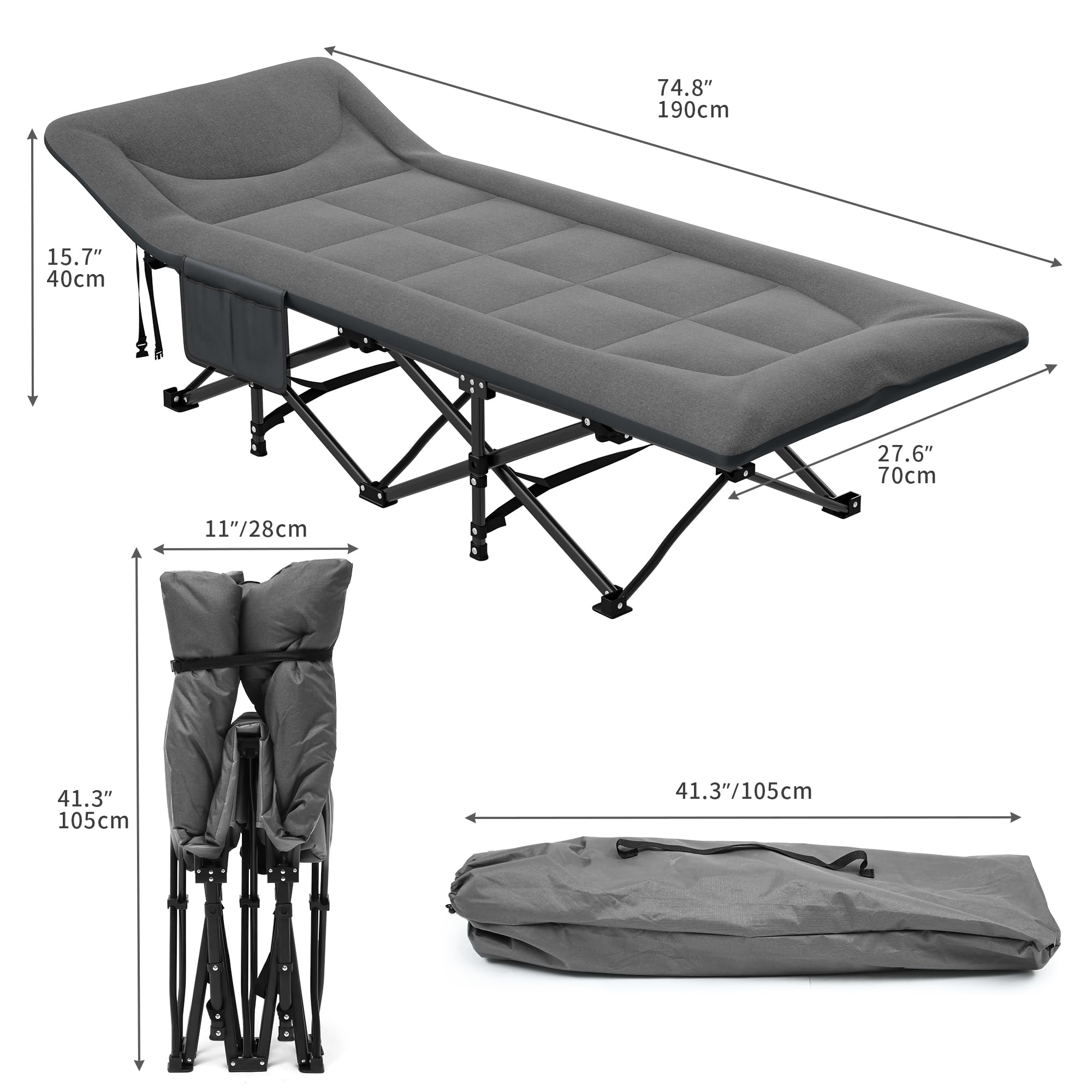 YITAHOME Feldbett Klappbar für Erwachsene, Robustes Campingbett mit Einer Traglast von 260 kg, Starkes Gestell mit Dickeren Rohren, Feldbett mit Tragetasche für Reisen/Büro/Outdoor, Grau