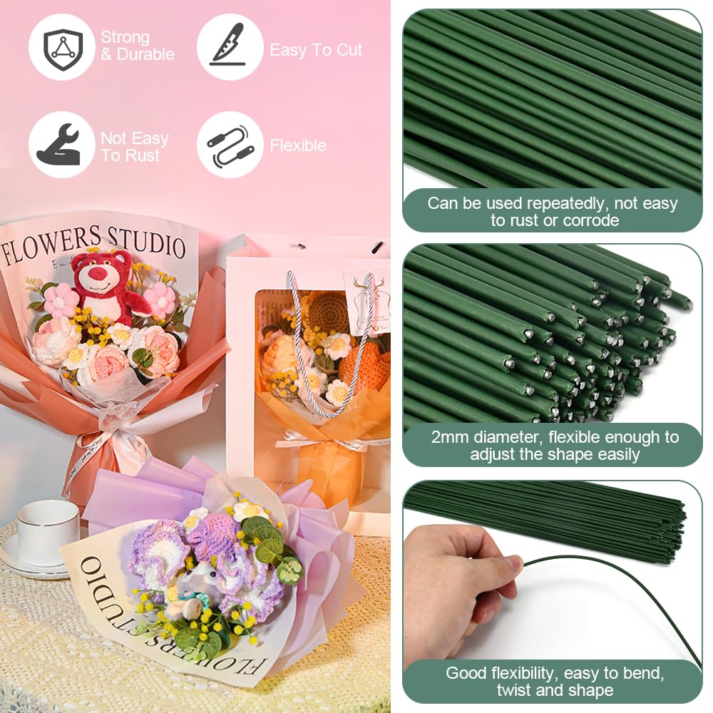 100 Steli Per Fiori Finti Verdi + Filo Metallico - Per Composizioni Floreali, 30cm X 2mm - Foto 2