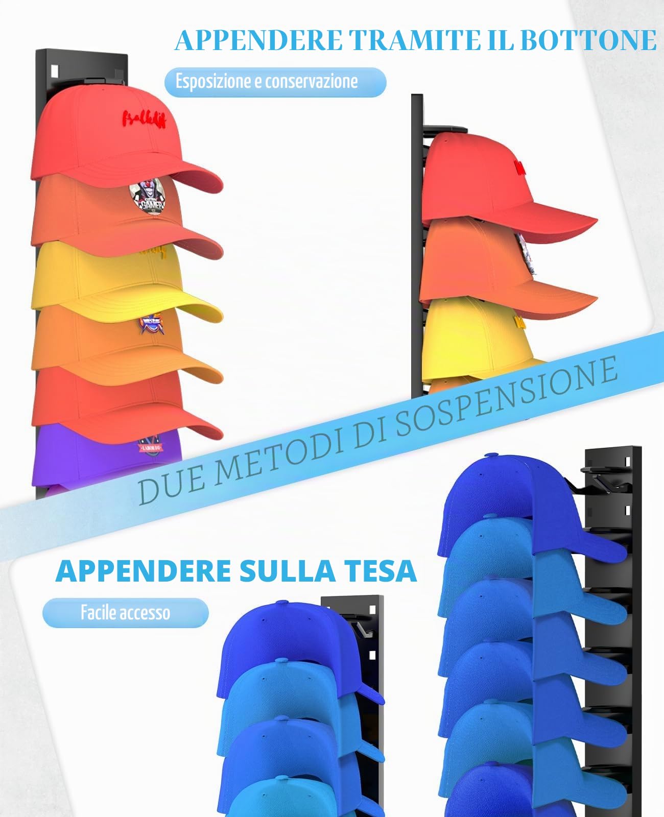 2 supporti autoadesivi per cappelli fino a 18 cappelli, non necessita di foratura, supporto da baseball, supporto da parete, supporto per cappelli per camere, porte, guardaroba (nero)