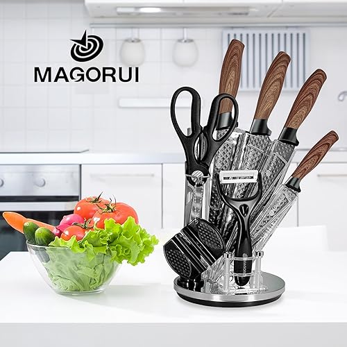 Miniatura 7 de Juego de cuchillos de cocina de acero inoxidable 7P con bloque de cuchillos giratorio de 360 grados, incluye cuchilla más grande, cuchillo de chef,
