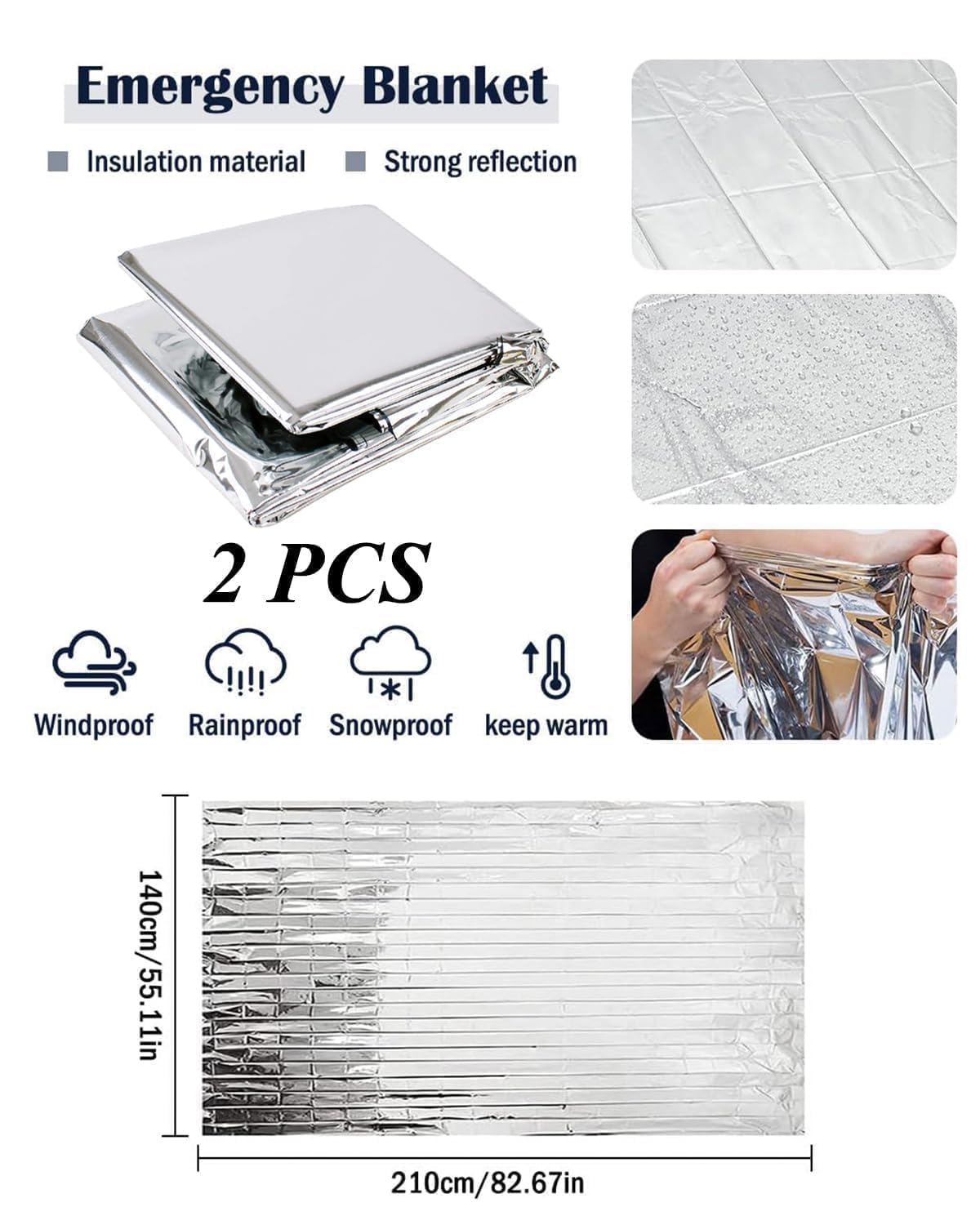 TYAGY 2 Pcs Emergency Blankets Thermal Blanket, 140 * 210cm Blanket for Travelling, Heat Insulation Mylar Film Roll for Survival for Outdoor, Camping,Trekking Accessories