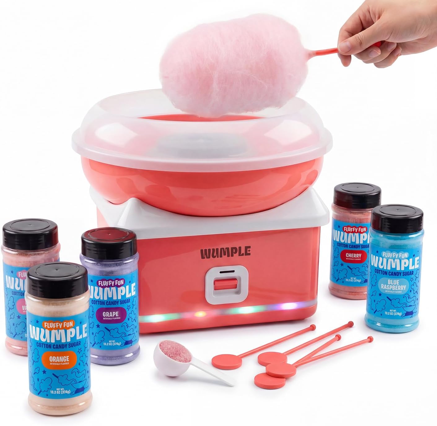 Cotton Candy Maker Machine for Kids with LED Lights – Electric Candy Machine for Kids, Quick Heat-Up, Lidded Bowl – 5-Flavor Bundle - Grey