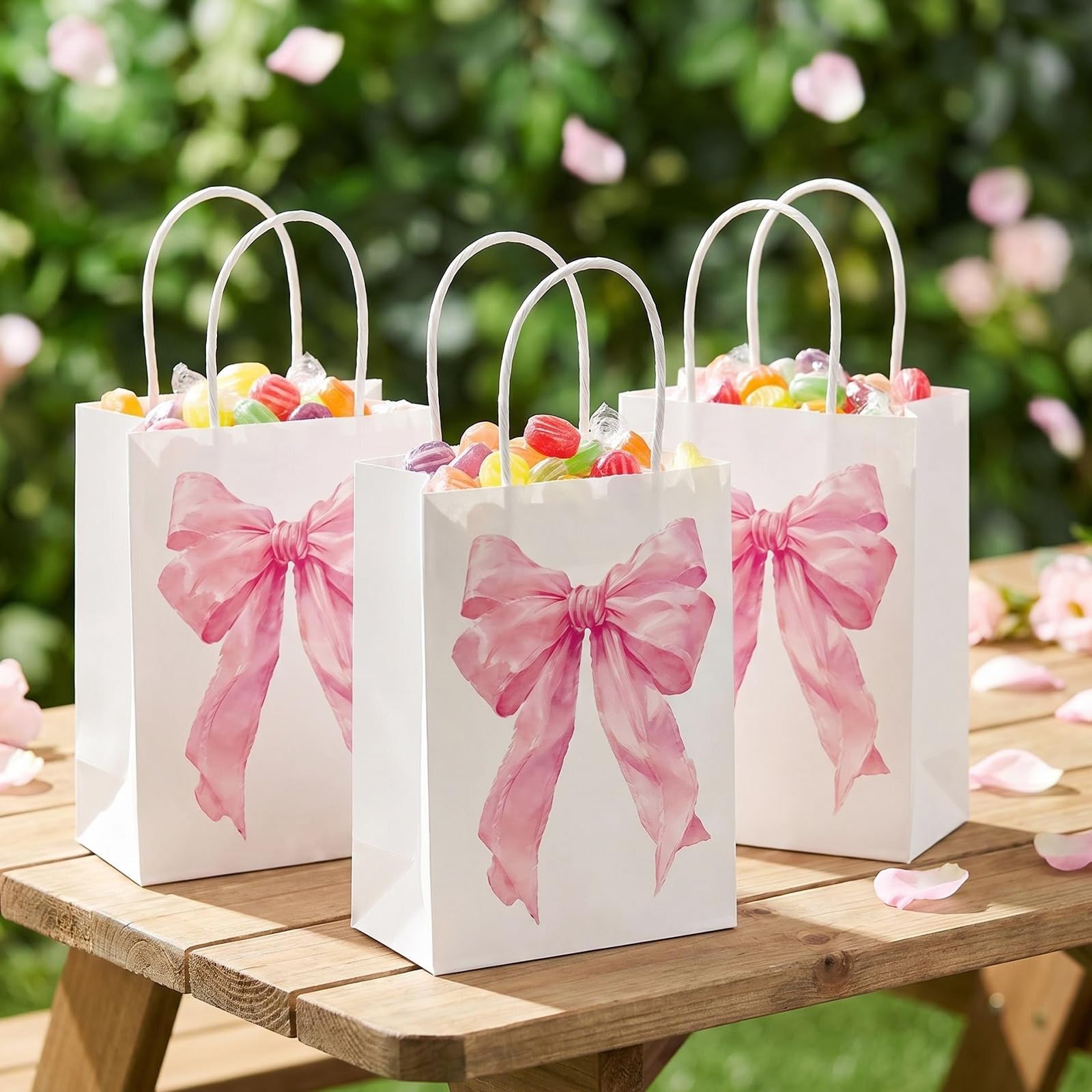 Hxezoc 12 Pieces Pink Bow Gift Bags with Handle, Paper Treat Candy Bag Girly Bow Favor Bags for Bow Theme Bachelorette Party Birthday Party Decoration Supplies