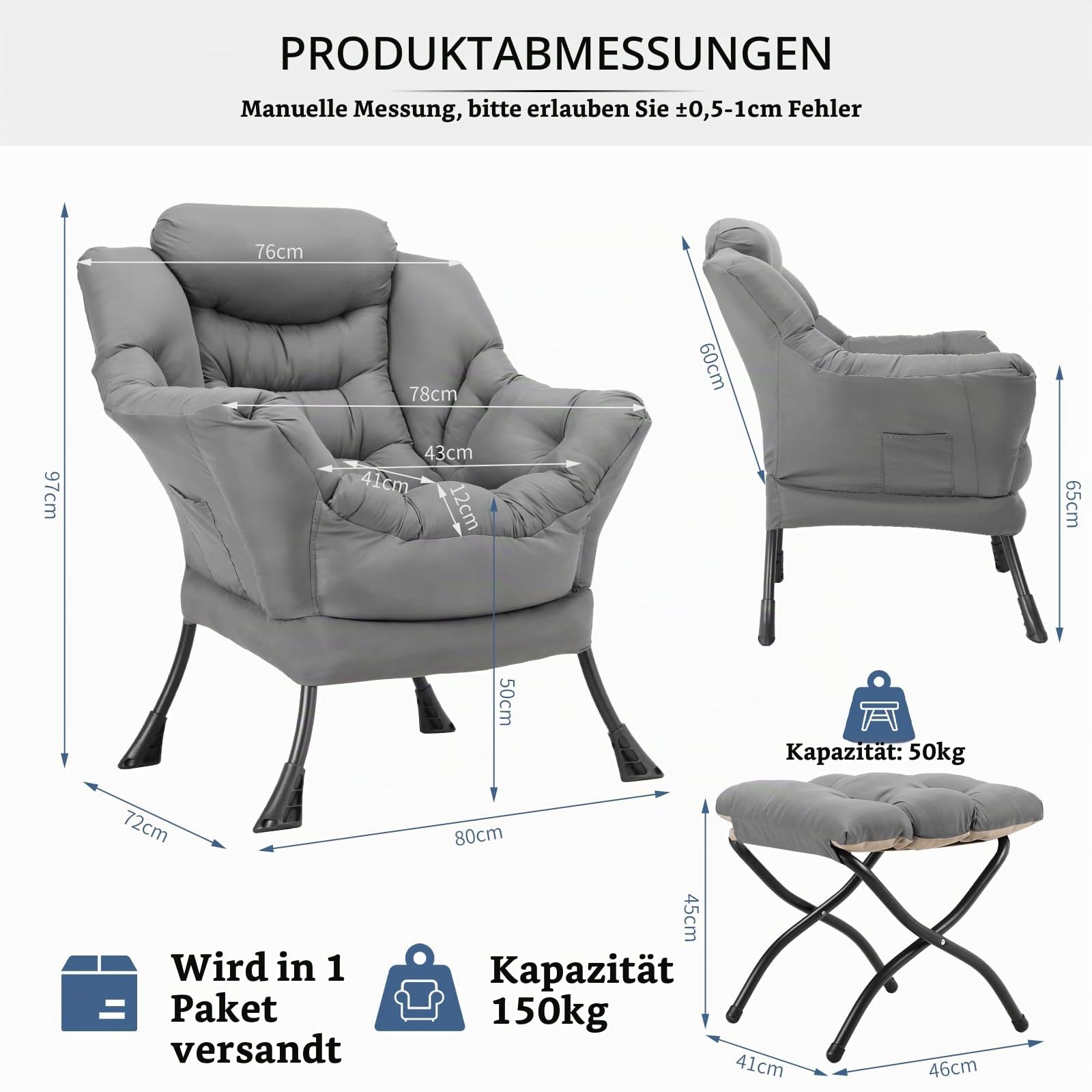 Clevich Relaxsessel mit Hocker, ergonomischer Sessel Wohnzimmer, Dunkelgrau