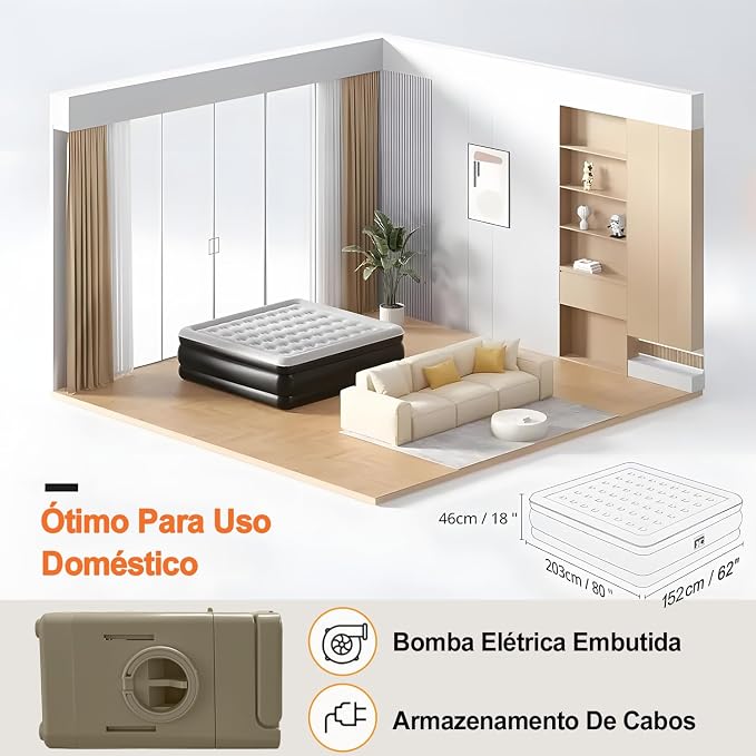 Visão em planta baixa de uma sala de estar decorada com o colchão inflável indicando suas medidas de 203 por 152 por 46 centímetros
