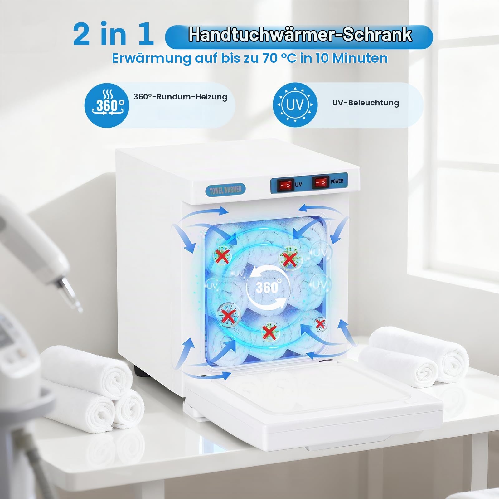 iklestar Handtuchwärmer, 5L Handtuchheizschrank mit Clip, Tragbare kleine Handtuchheizbox uv-licht sterilisator für Gesichtsbehandlungen, SPA, Schönheitssalon, Friseur, Kosmetiker, Weiß