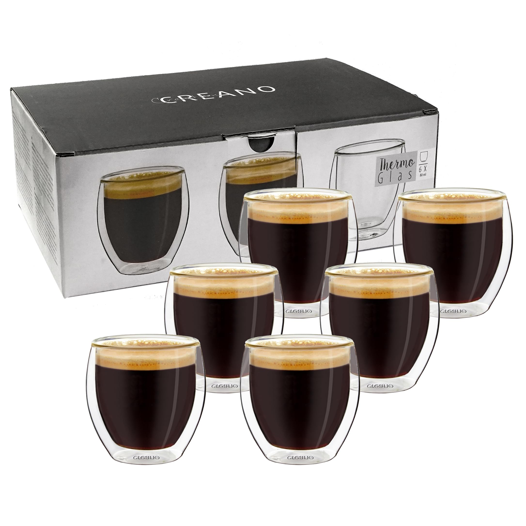 Creano doppelwandige Espresso-Gläser, 6er-Set 80ml, Mokkatassen, Espressogläser, Thermo-Gläser mit Schwebe-Effekt