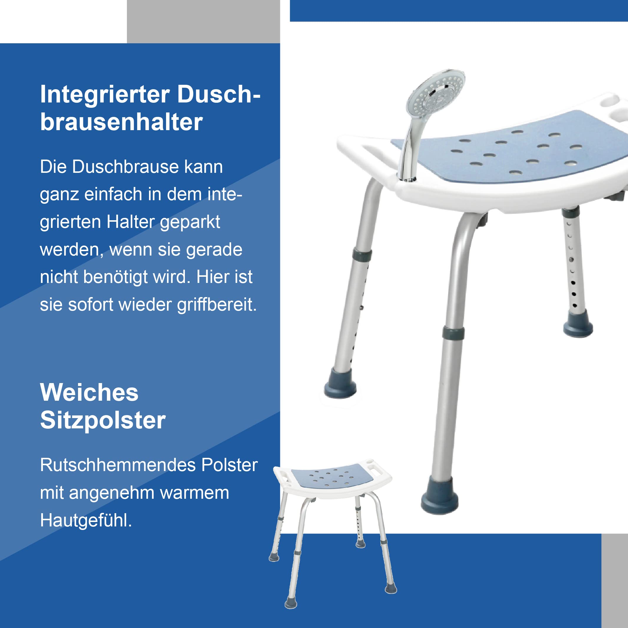 Akriva Komfort-Duschsitz - Höhenverstellbarer Badhocker - Rutschfester Duschsitz - Duschhocker mit Duschbrausenhalter