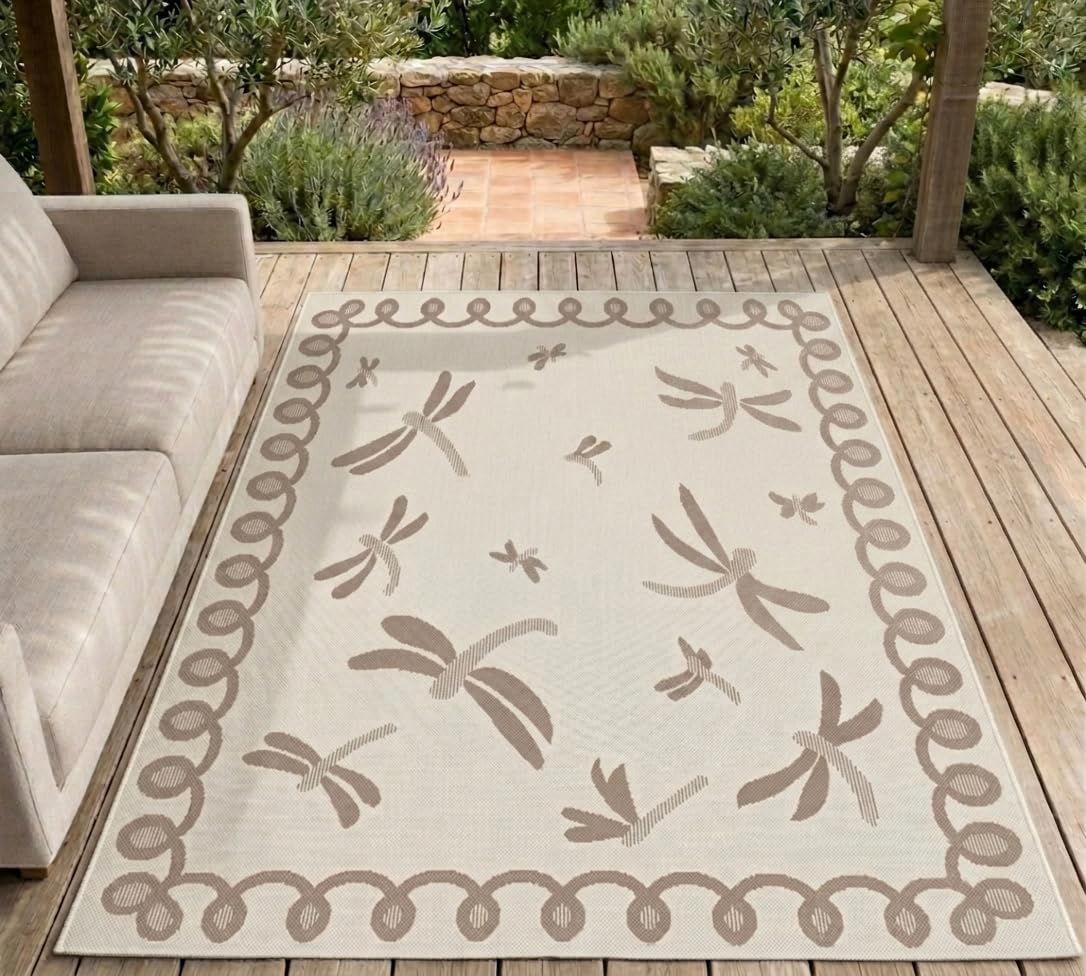 Terrace Dragonfly Outdoor Rug for Garden, Patio, Living Room, Indoor, Kitchen, Balcony, Picnic, Bedroom Bordered Lightweight Mat Flatweave Rug Natural/Taupe X-Large 200x290 cm (6'7"x9'6")