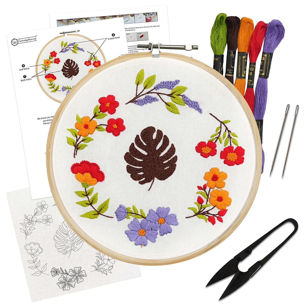 picknMAKE DIY Cross Stitch Hand Embroidery Kit for Beginners Adult, Kids with Pattern & Cloth, Multicolor Floral Design, Written Instructions, Embroidery Hoop & All Other Materials Included