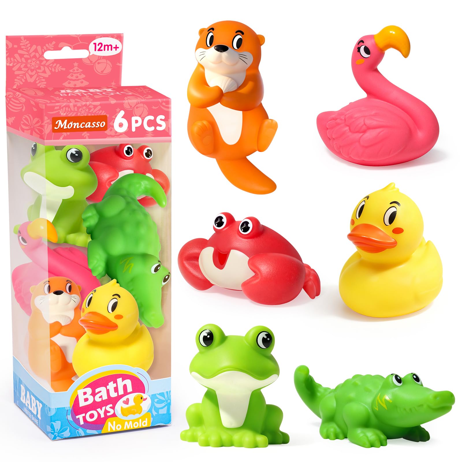 Moncasso 6Pcs River Animal No Hole Mould Free Baby Bath Toys for Kids 1-4