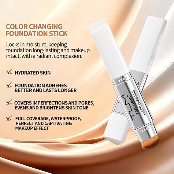 Colour Changing Foundation Stick, White Foundation Stick, Dual-Ended Full Coverage Foundation with Ultra-Fine Bristle Brush, Create a Charming Makeup Look, Suitable for All Skin Types(01# Natural)