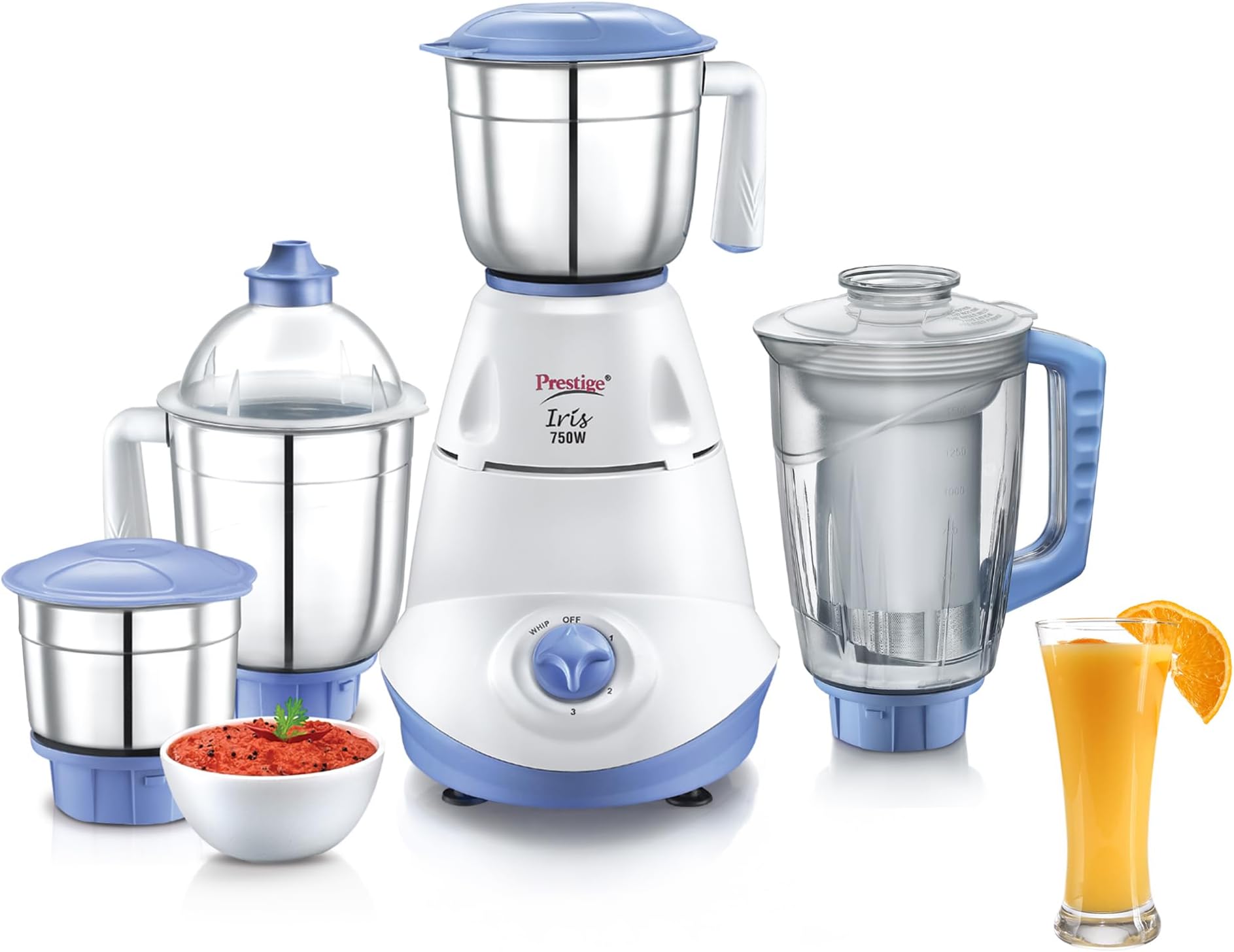 Prestige Iris 750 Watt Mixer Grinder with 3 Stainless Steel Jar + 1 Juicer Jar (White and Blue)