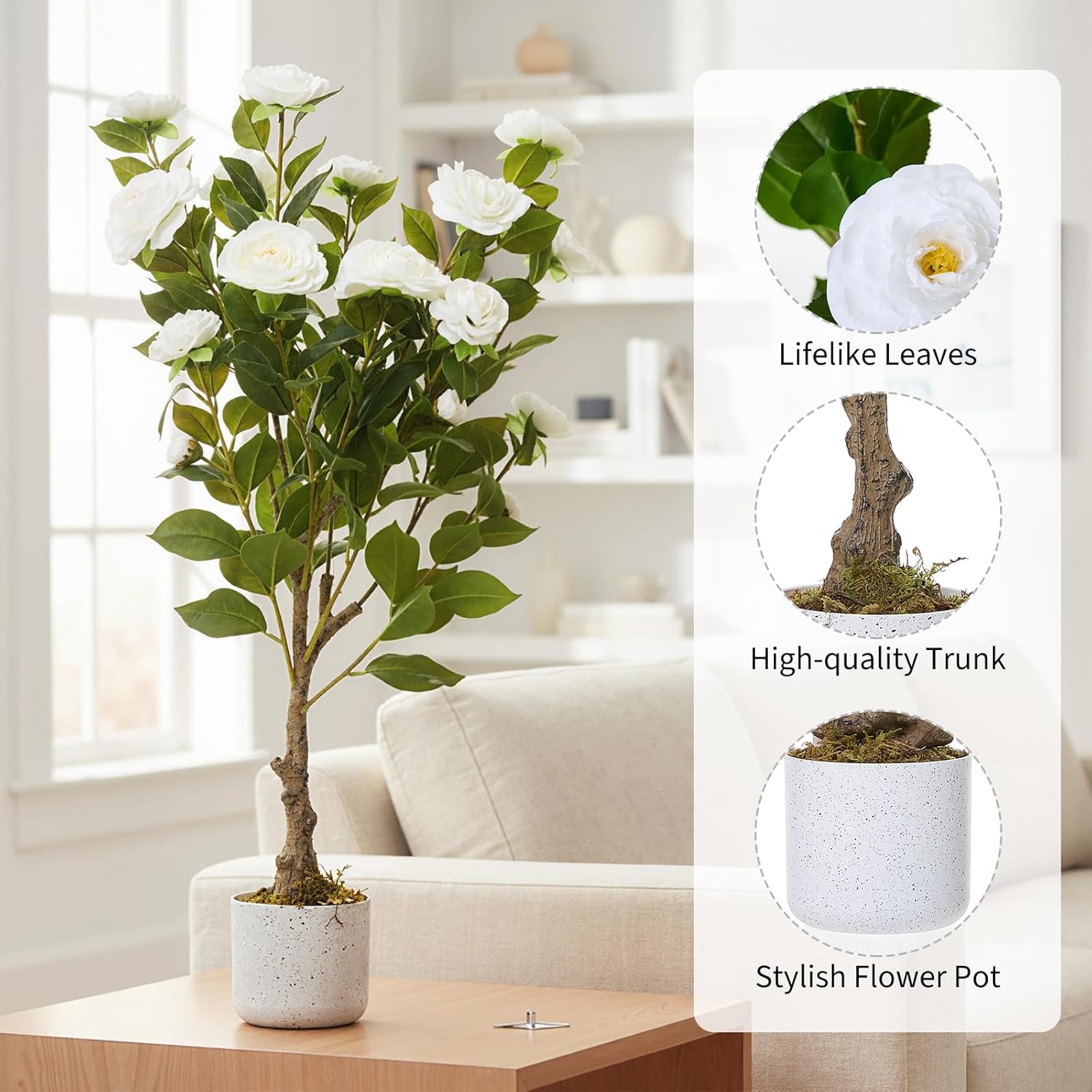 GAOMON Artificial Camellia Tree,33.5inch/2.8FT Realistic Camellia Plants in Pot with Flowers Fake Artificial Tree for Indoor and Outdoor,Wedding Decoration,White