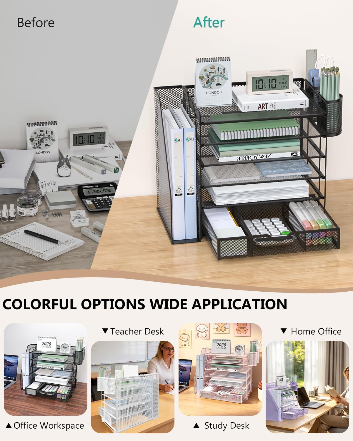 WALI Desk File Organizer, 6 Tier Desktop Paper Letter Tray Organizer with Drawer and 2 Pen Holders, Office Desk Accessories & Workspace Organizers for Office, Home Supplies(DO007DH-B), 1 Pack, Black view 6