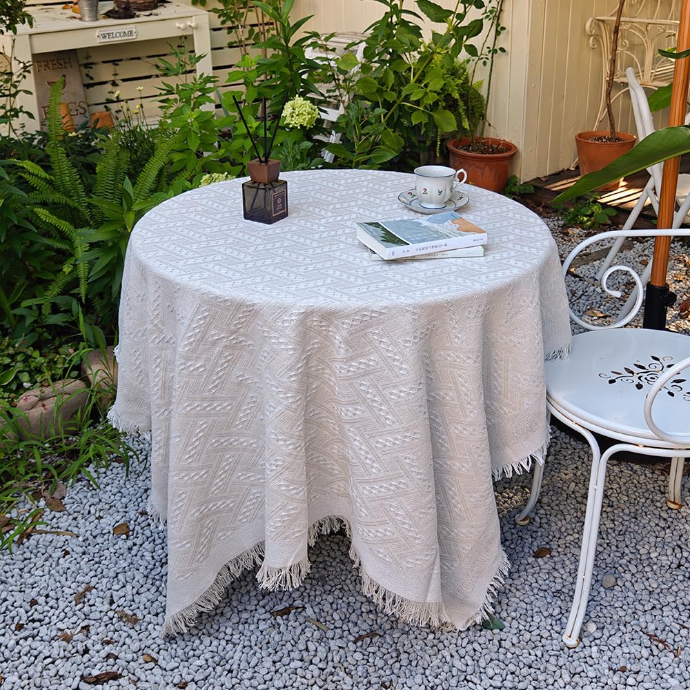 Plancholo Cotton Linen Tablecloth with Tassels Boho Rectangle Table Cloth Farmhouse Rustic Wrinkle Free Table Cover for Kitchen Dining (Cream, 51 x 71 Inch)