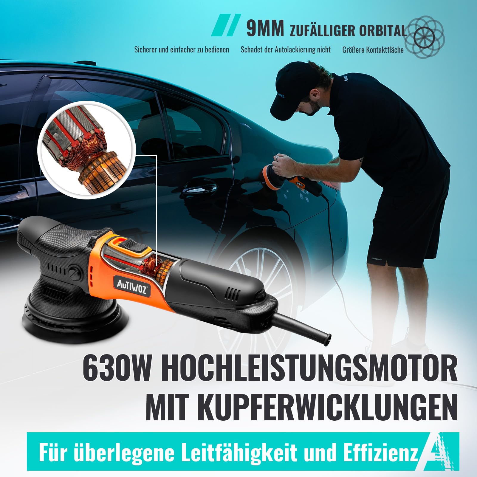 AUTIWOZ W01 125mm Auto Poliermaschine,Kleine Exzenterpolierer,9mm Orbit Politur Set,Polier maschine mit 6 variablen Geschwindigkeiten (2000-6200 U/min),für Autodetailing Polieren und Wachsen