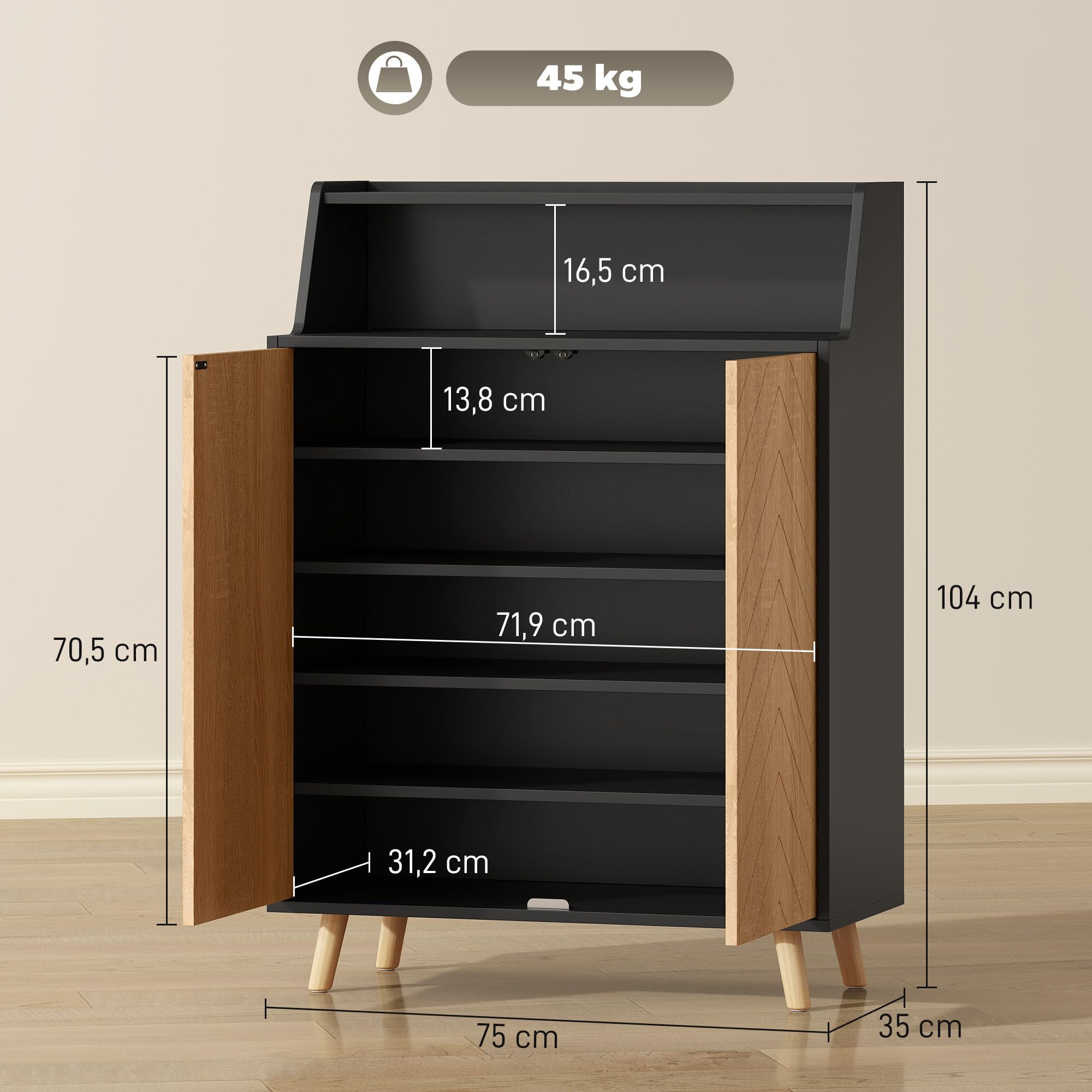 HOMCOM Zapatero de 2 Puertas en Espiga, Zapatero Entrada Recibidor con Estantes Ajustables, Compartimento Abierto y Patas de Madera, para 15 Pares de Zapatos, 75x35x104 cm, Negro y Natural